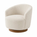 Poltrona girevole in tessuto bouclé beige con base in legno