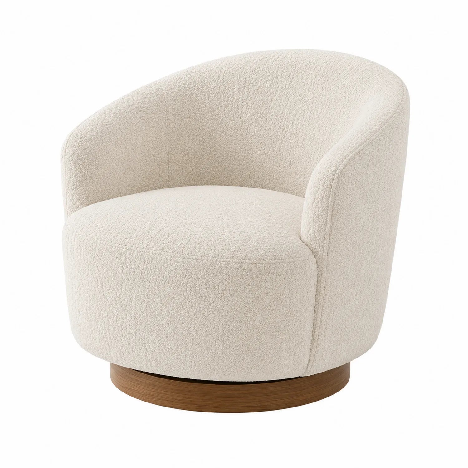 Poltrona girevole in tessuto bouclé beige con base in legno