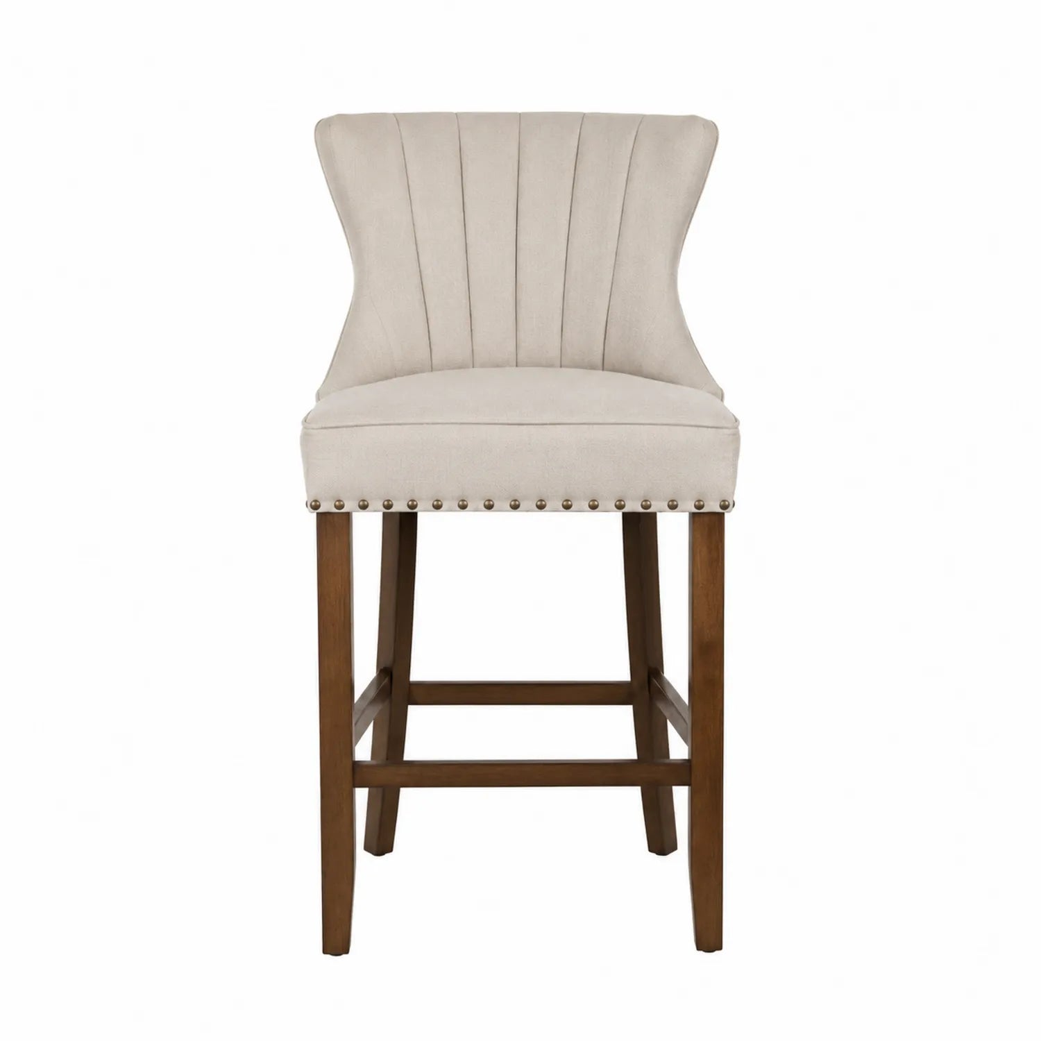 Sgabello da Bar in Tessuto Beige con Gambe in Legno