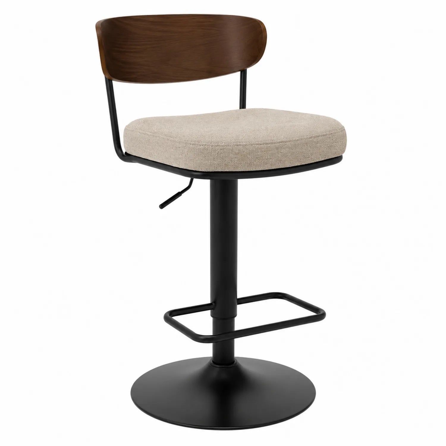 Sgabello regolabile con seduta in poliestere e schienale in legno, Beige Nero