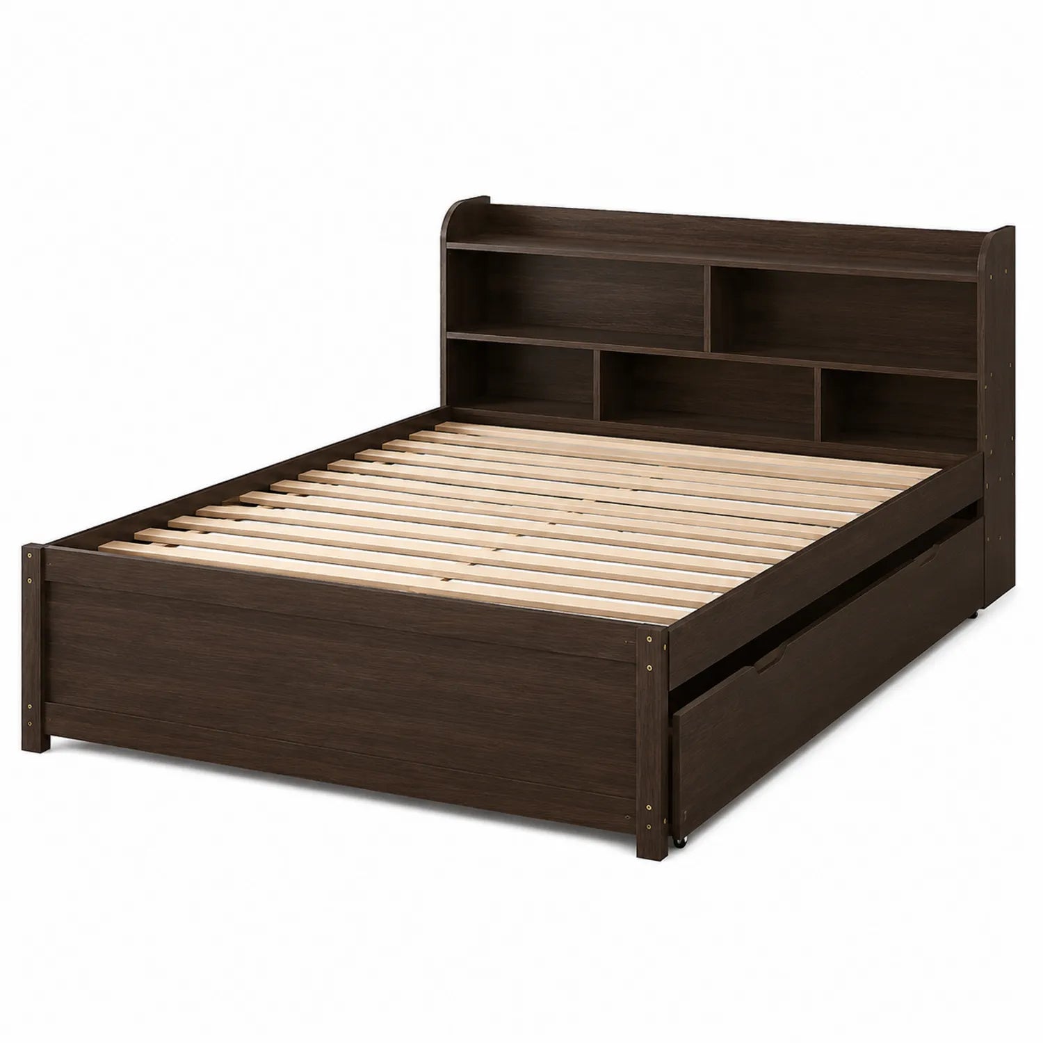 Letto matrimoniale in legno con testiera scaffale 200x160 cm Marrone
