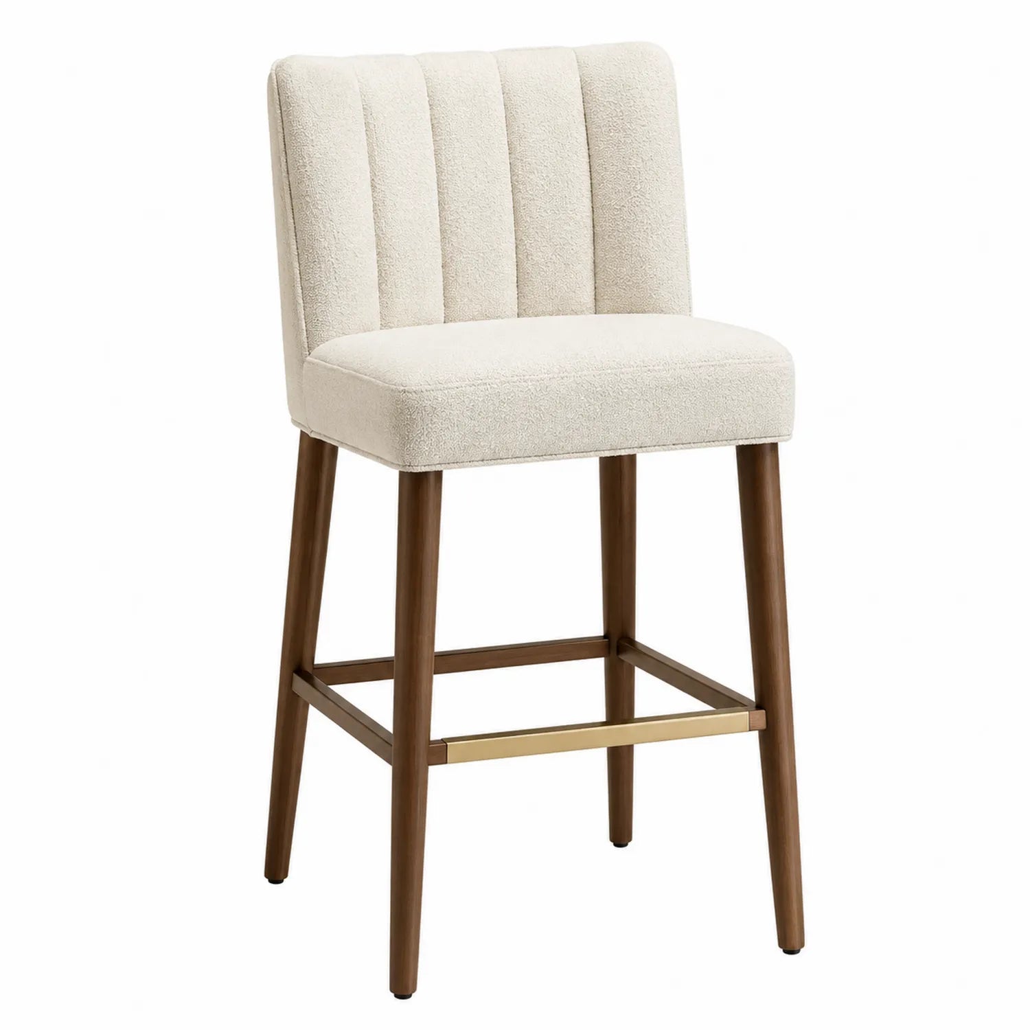 Sgabello da Bar in Poliestere con Gambe in Legno e Poggiapiedi in Metallo Beige