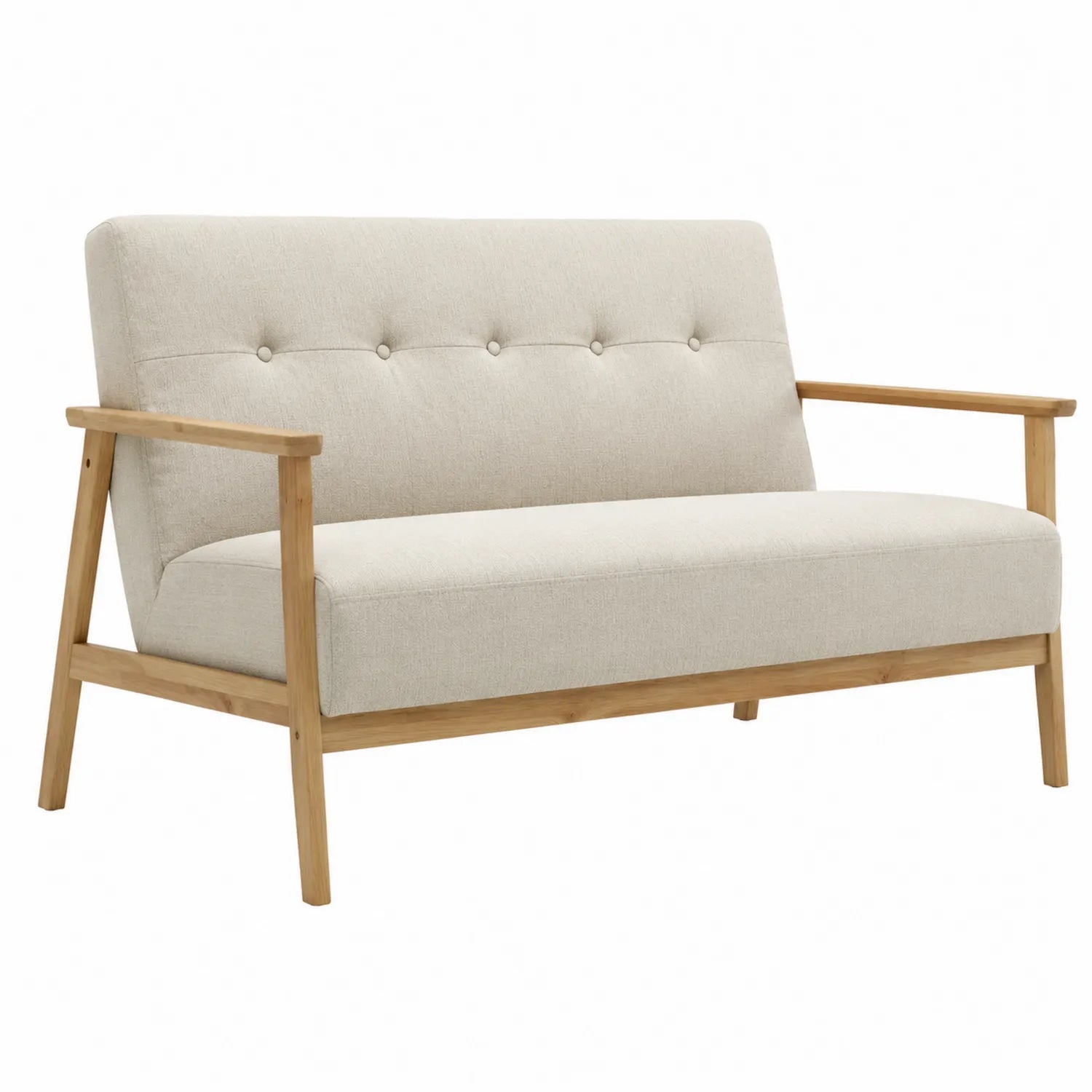 Divano in tessuto beige con struttura in legno