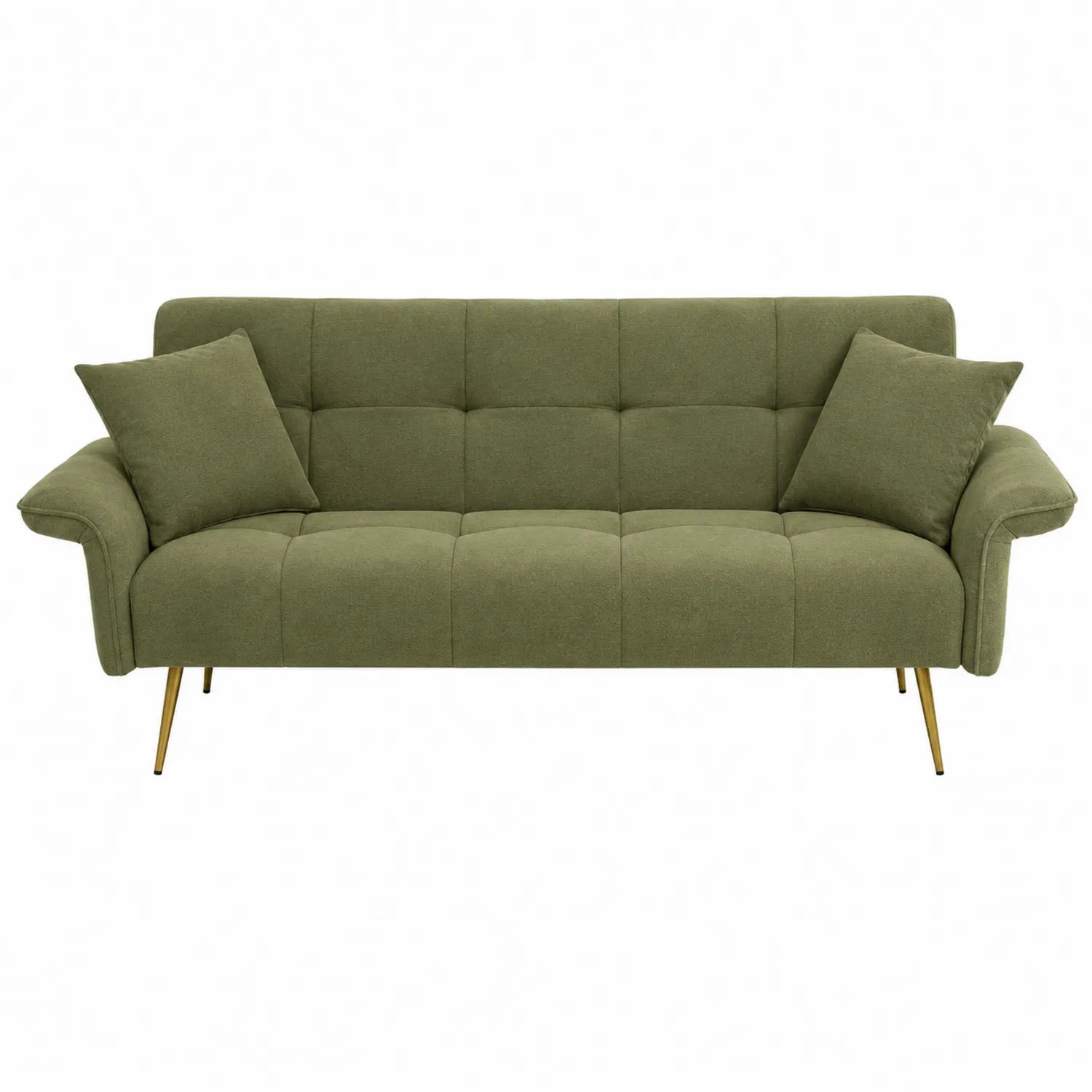 Divano in tessuto poliestere verde con gambe in metallo