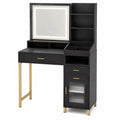 Toletta in Legno e Metallo con Specchio LED Nero e Oro 150x80x40 cm