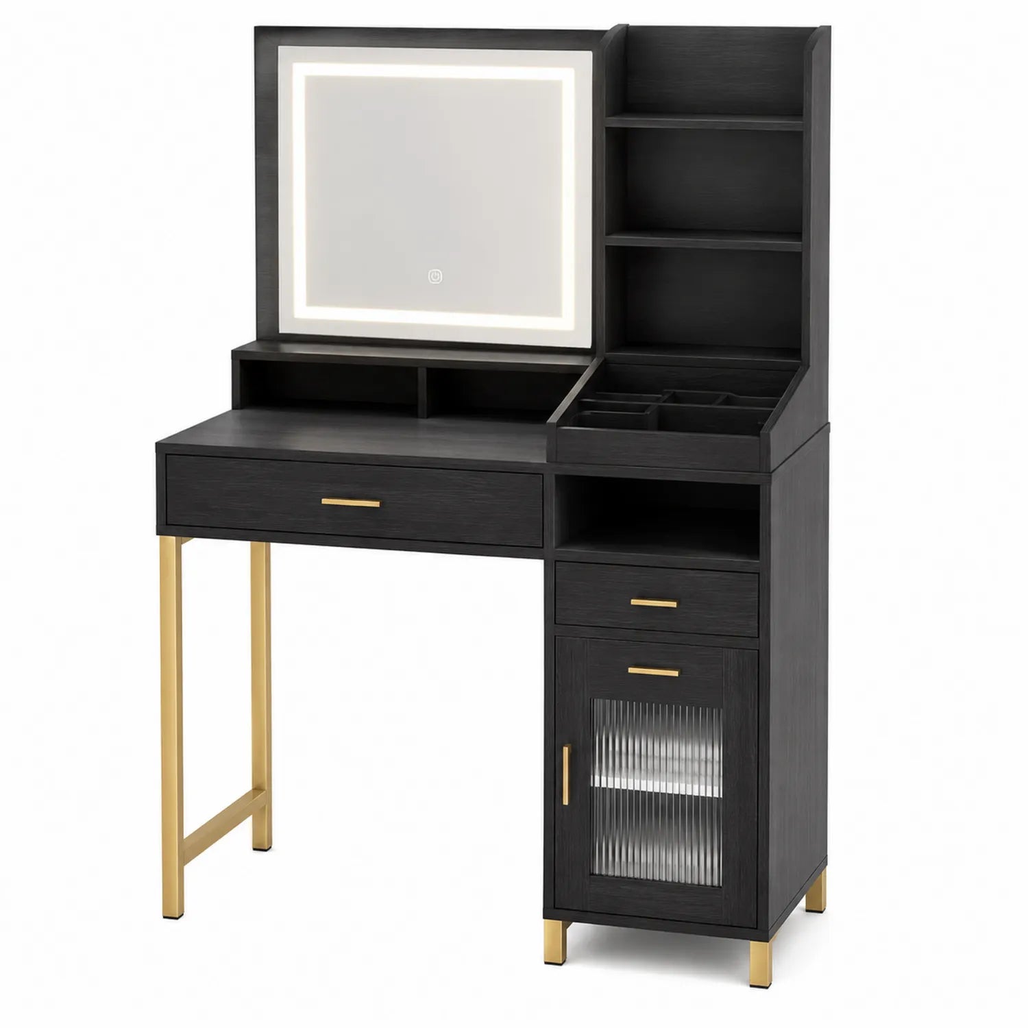 Toletta in Legno e Metallo con Specchio LED Nero e Oro 150x80x40 cm