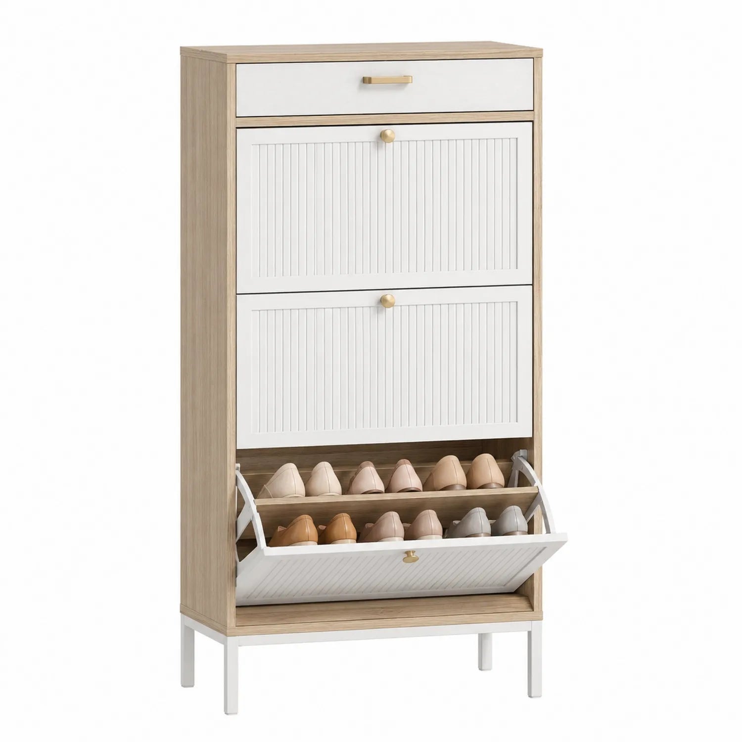Scarpiera in Legno Bianco e Rovere con Cassetto