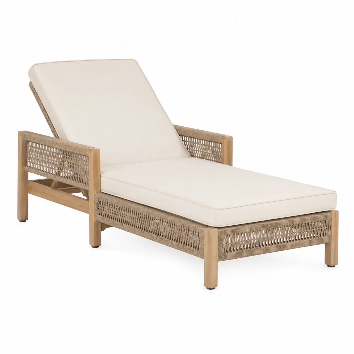 Chaise longue da esterno in legno teak e tessuto crema