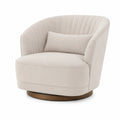 Poltrona girevole in tessuto beige con base rotonda in legno