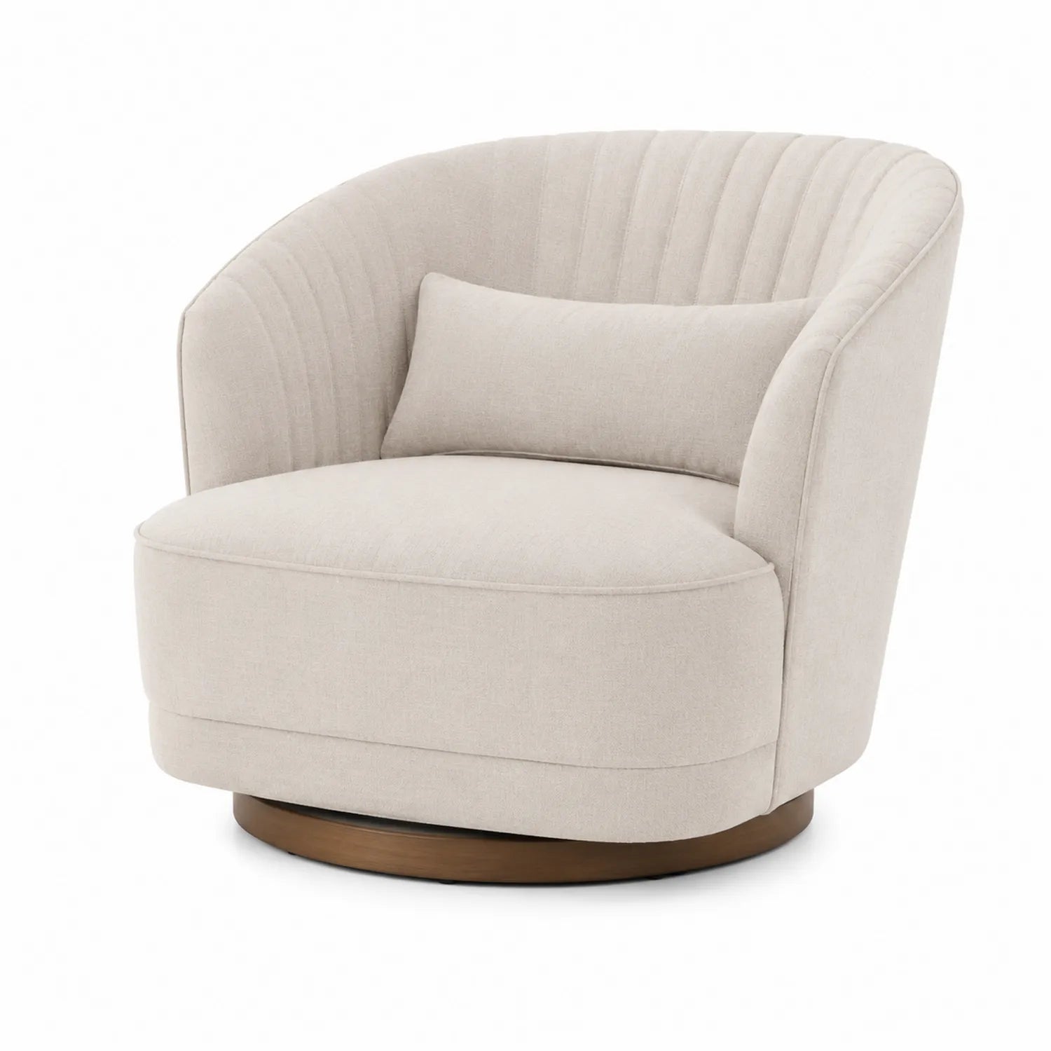 Poltrona girevole in tessuto beige con base rotonda in legno