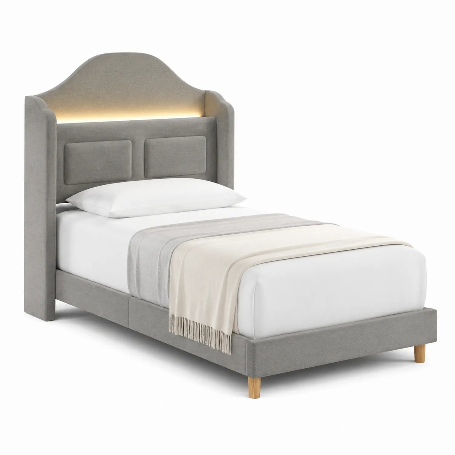 Letto singolo in tessuto grigio con testiera illuminata