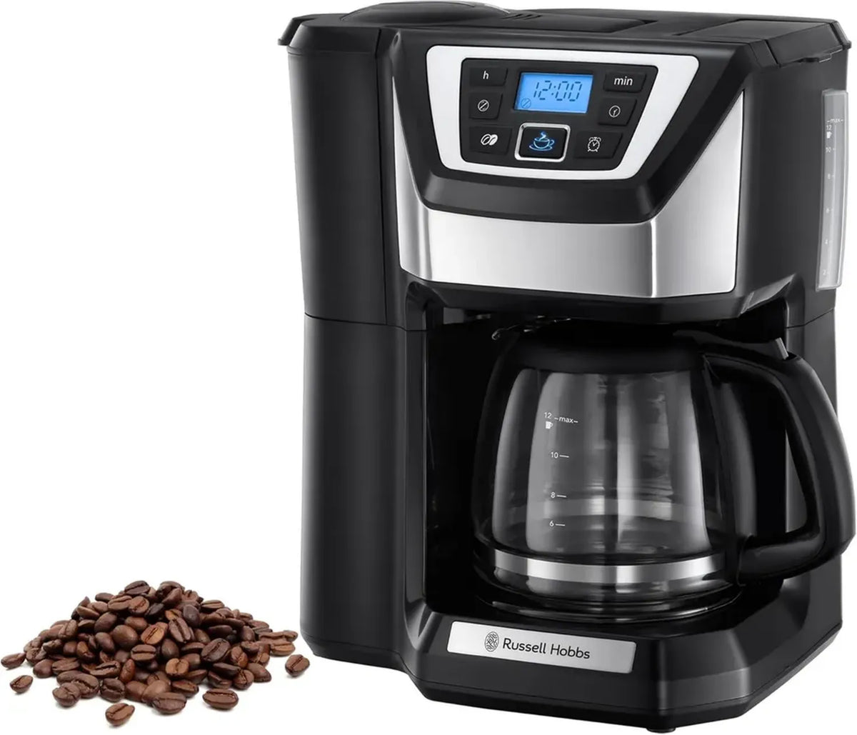 Macchina da Caff¨¨ Russell Hobbs con Macinino Integrato, Timer 24h, Tecnologia Silenziosa, Filtro Riutilizzabile, 12 Tazze, Caraffa Vetro - Modello Victory