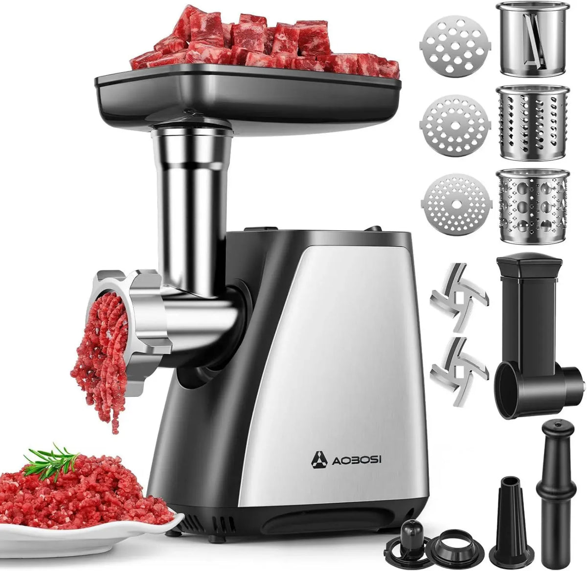 Tritacarne Elettrico AAOBOSI 4-in-1, Potente e Versatile con Accessori per Salsicce e Kubbe, Lame e Piatti in Acciaio Inossidabile