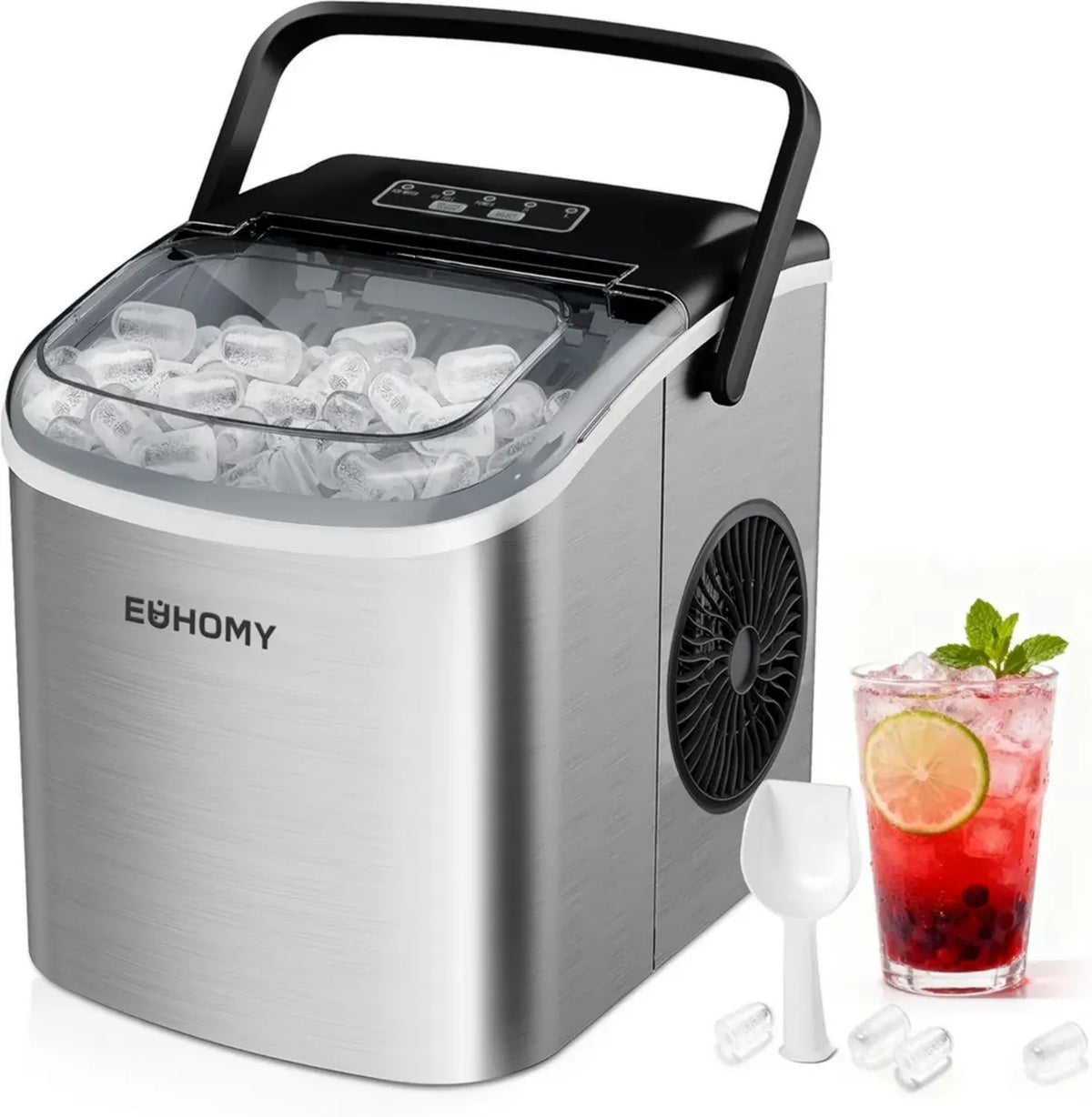 Fabbricatore di Ghiaccio EUHOMY 12kg/24h, Funzione Autopulente, Produzione Veloce e Due Dimensioni Ghiaccio, con Maniglia, Paletta e Cestello, Acciaio Inox