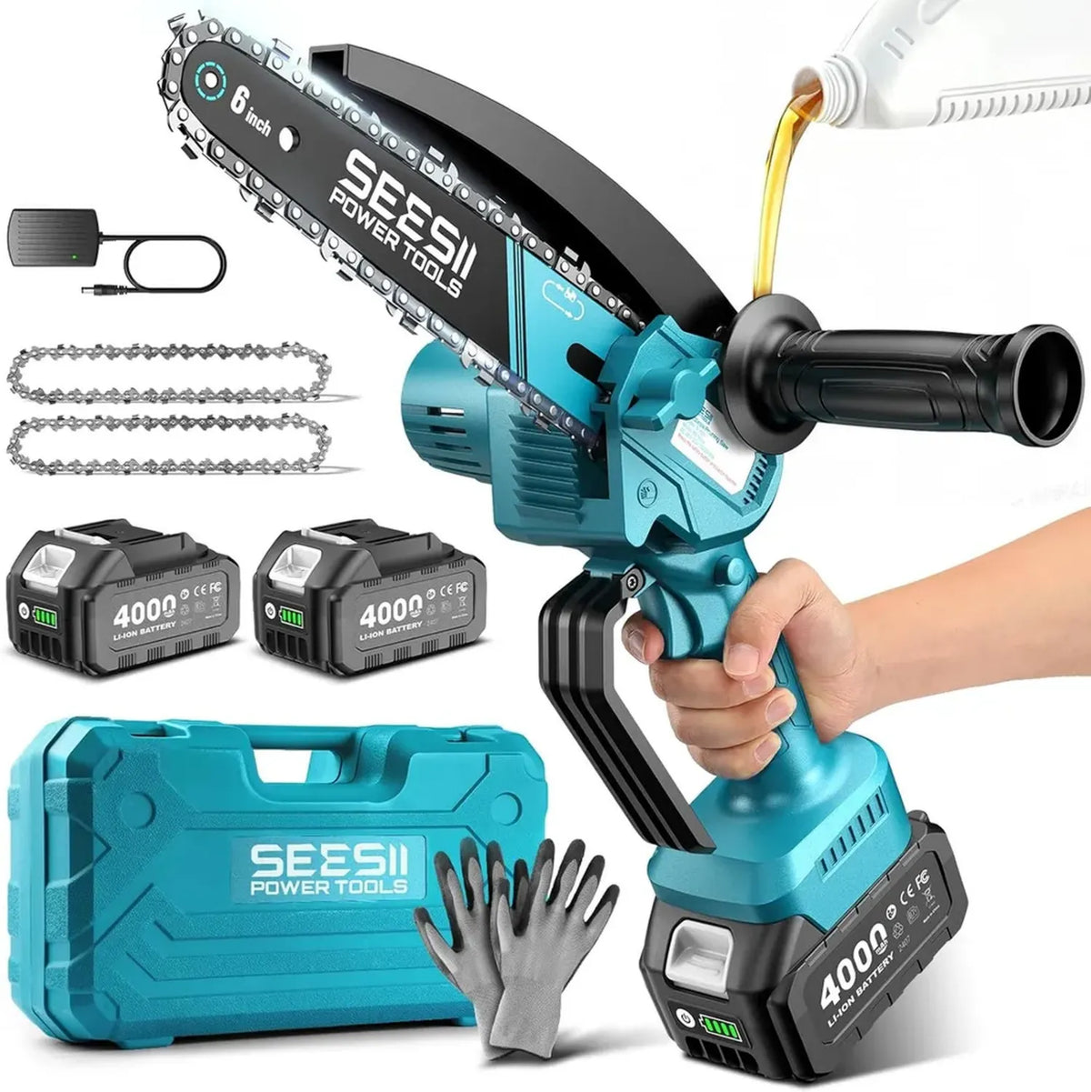 Motosega a Batteria Seesii 15,2 cm con 2 Batterie 4000 mAh, Seghetto Elettrico Portatile per Potatura Alberi