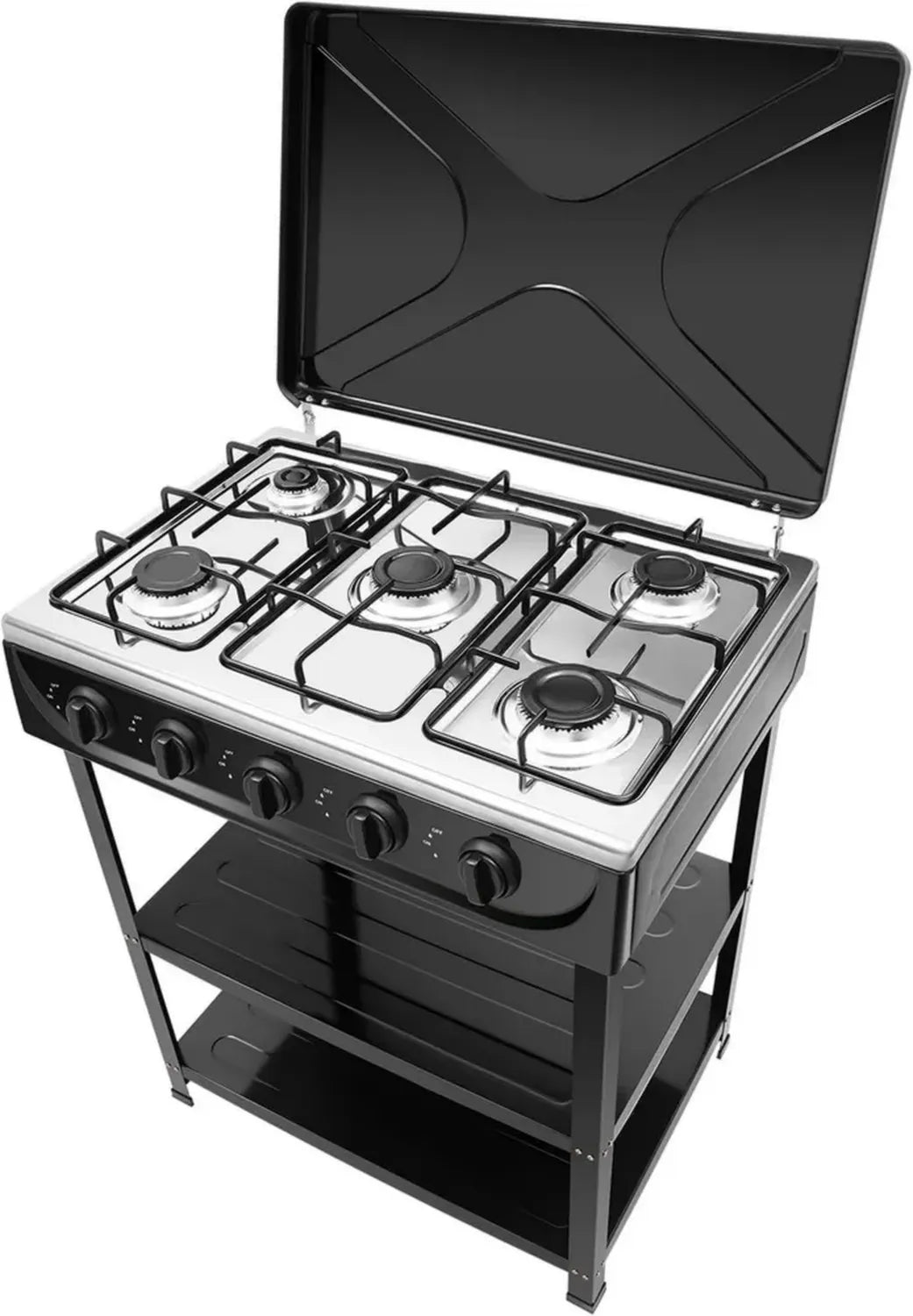 Piano cottura a gas da incasso in acciaio inox a 5 fuochi con bruciatori wok