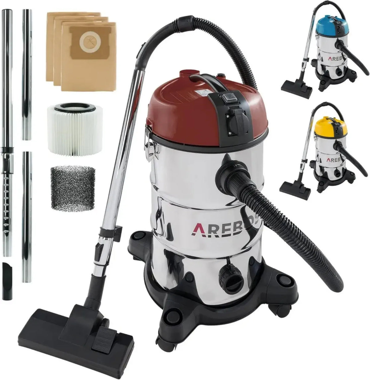 AREBOS Aspirapolvere Industriale 1300W, Secco e Umido, 30L, Rosso
