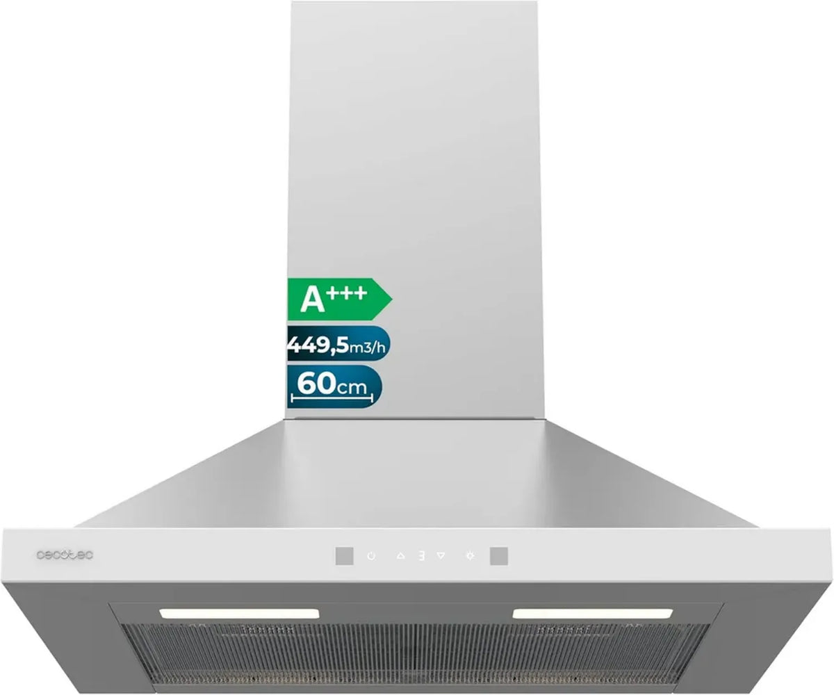 Cappa Aspirante Piramidale Cecotec 60 cm Inox A+++, Vetro Bianco, 449,5 m3/h, Touch Invisibile, Booster, Filtri Lavabili