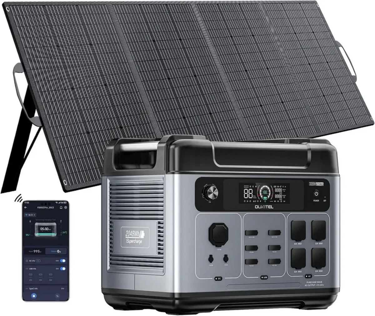 OUKITEL P2001 Pro Generatore Solare Portatile 2048Wh con Pannello 200W, Batteria LiFePO4, Ricarica Rapida UPS <10ms, per Casa e Camper