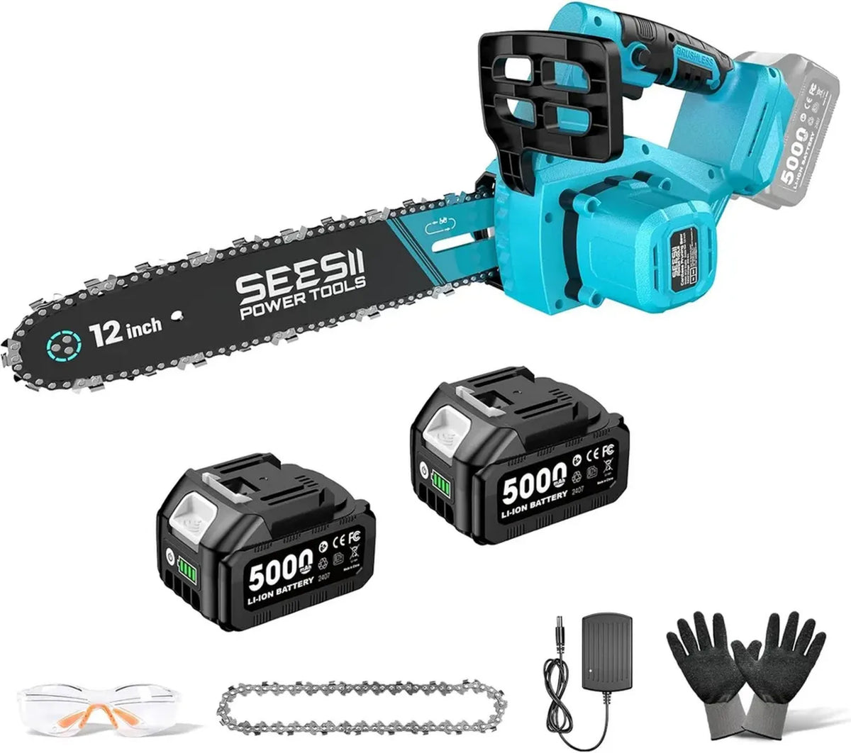 Motosega a Batteria 12 Pollici SEESII, 2 Batterie 5.0Ah, Brushless con Lubrificazione Automatica e Tensione Catena Facile