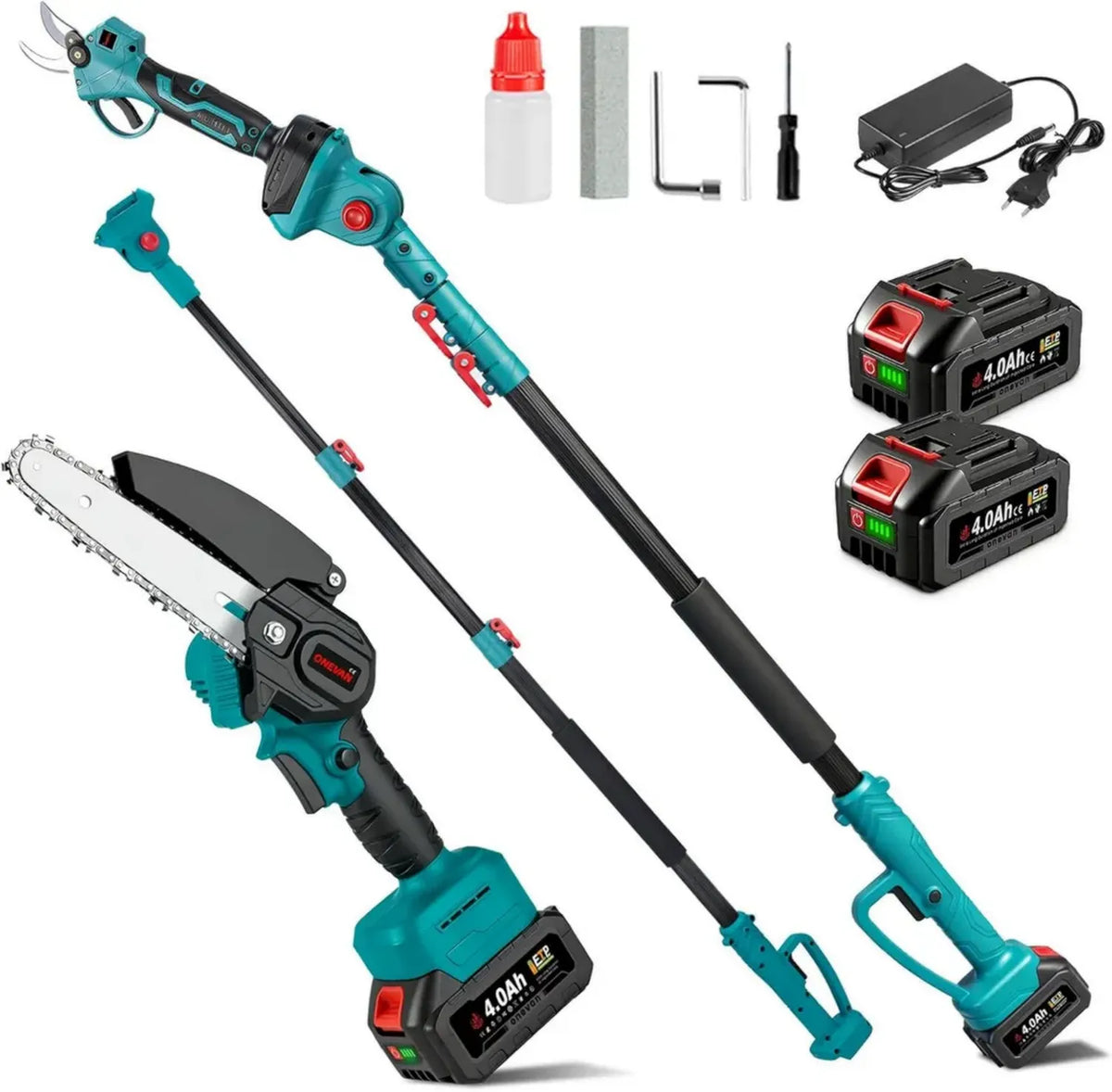Taglia-rami e Motosega a Batteria 4 in 1, ONEVAN con Manico Telescopico e Angolo Regolabile