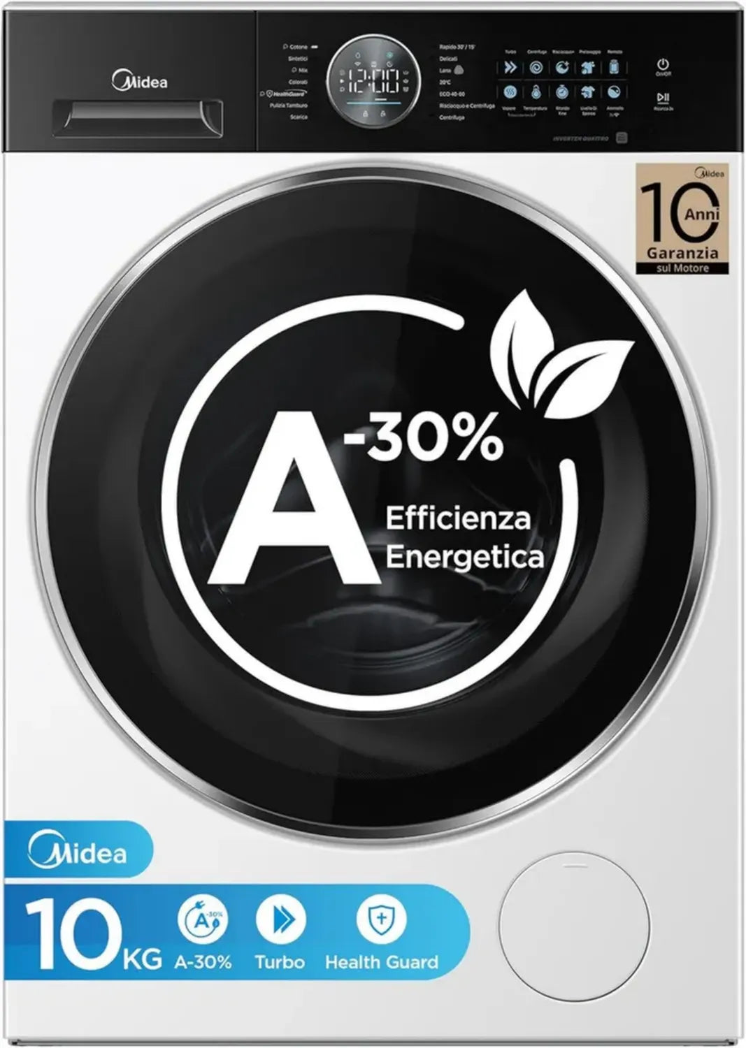 Lavatrice Midea 10 kg Frontale, Classe A, 1400 RPM, Motore Inverter Silenzioso, Vapore e Lavaggio Rapido, Pannello Touch, Bianco