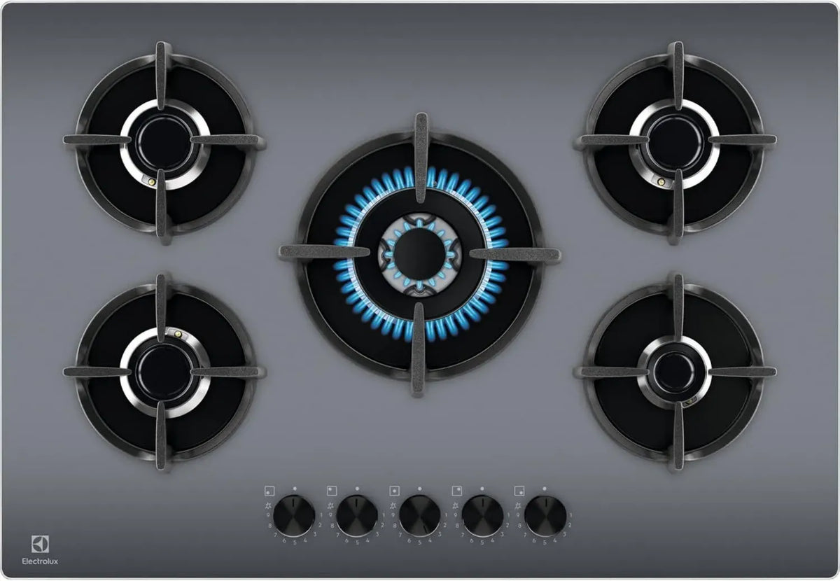 Electrolux Piano Cottura a Gas 5 Fuochi, 75 cm, Serie 600, Bruciatore Wok e Rapido, Griglie in Ghisa