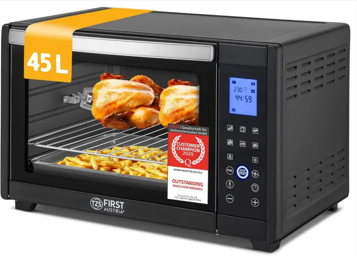 Forno Elettrico Compatto 45L 2000W con Rivestimento Antiaderente - Controllo Digitale fino a 230¡ãC e 4 Livelli - Timer 180 Minuti & 8 Funzioni - Spiedo Rotante per Cucine e Campeggi