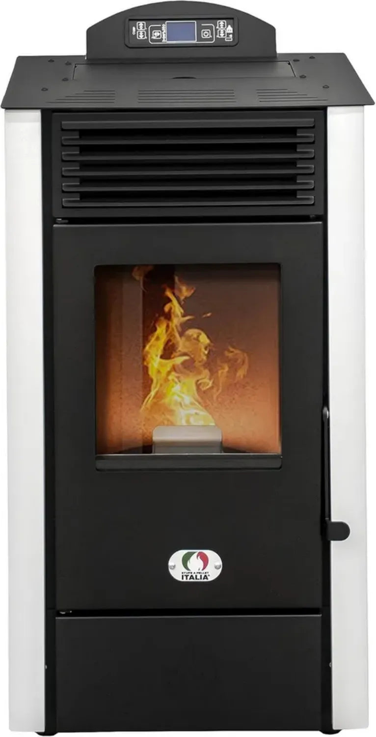 Stufa a Pellet Ventilata California 8KW WiFi - Alta Efficienza e Design Compatto, Scalda fino a 70m2, Autonomia 20H, Programmabile, 5 Velocit¨¤, Bianco, Garanzia 2 Anni