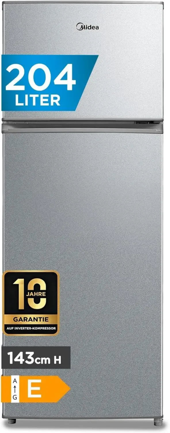 Midea Frigorifero Combinato 204 L, Doppia Porta, Congelatore Superiore, Efficienza Energetica A+, LED, Argento