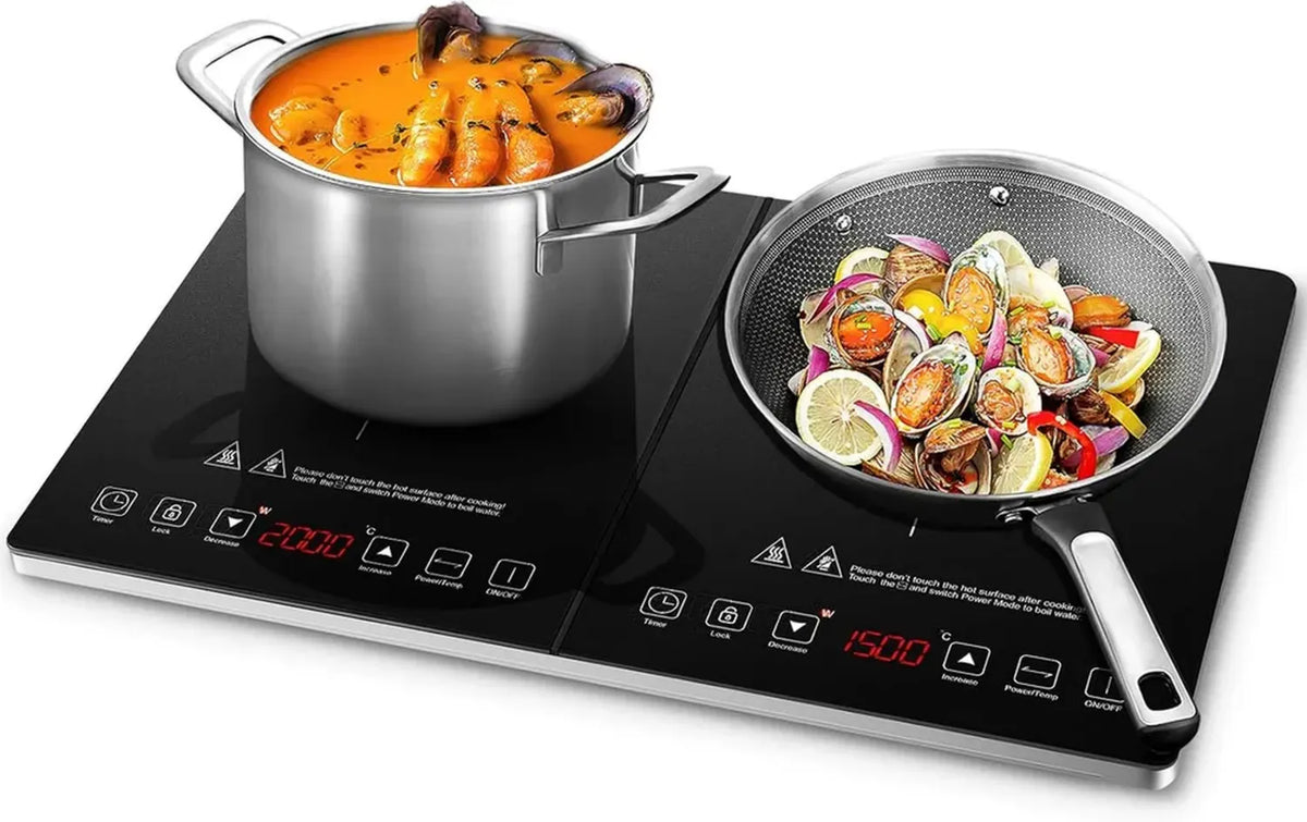 AMZCHEF Piano Cottura a Induzione 2 Zone, Controllo Indipendente, Potenza Regolabile, 20 Impostazioni di Temperatura, Timer 3 Ore, 3500W, Sicurezza Blocco
