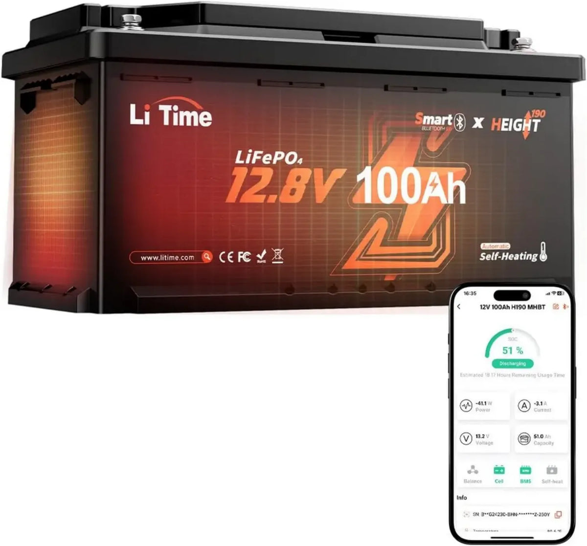 Batteria LiFePo4 12V 100Ah con Bluetooth e Riscaldamento Intelligente, Adatta per Caravan e Sistemi Solari