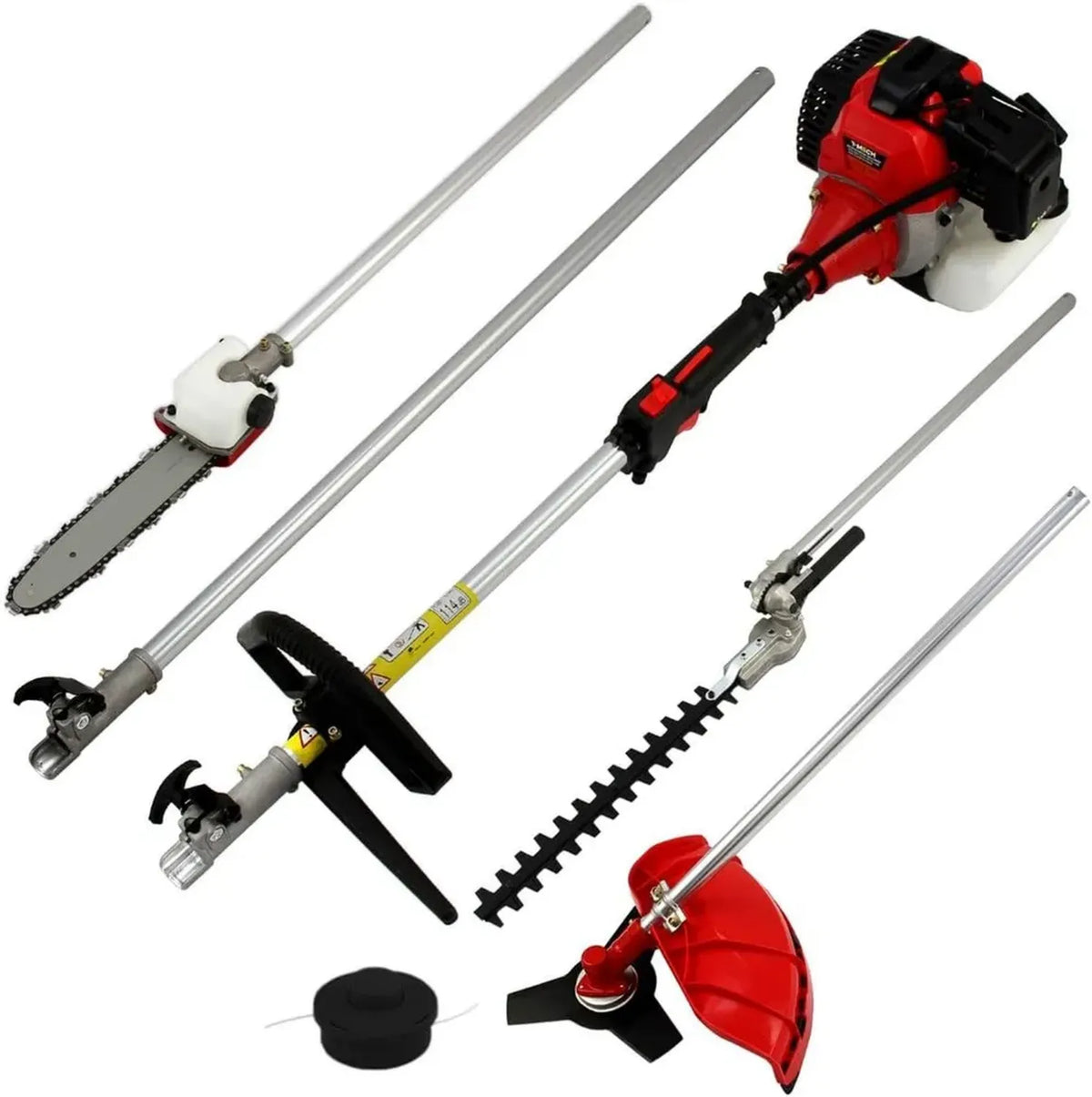 Utensile da Giardino 5 in 1: Tagliasiepi, Motosega, Tagliaerba, Decespugliatore e Prolunga 100 cm, Motore a Benzina 52 cc