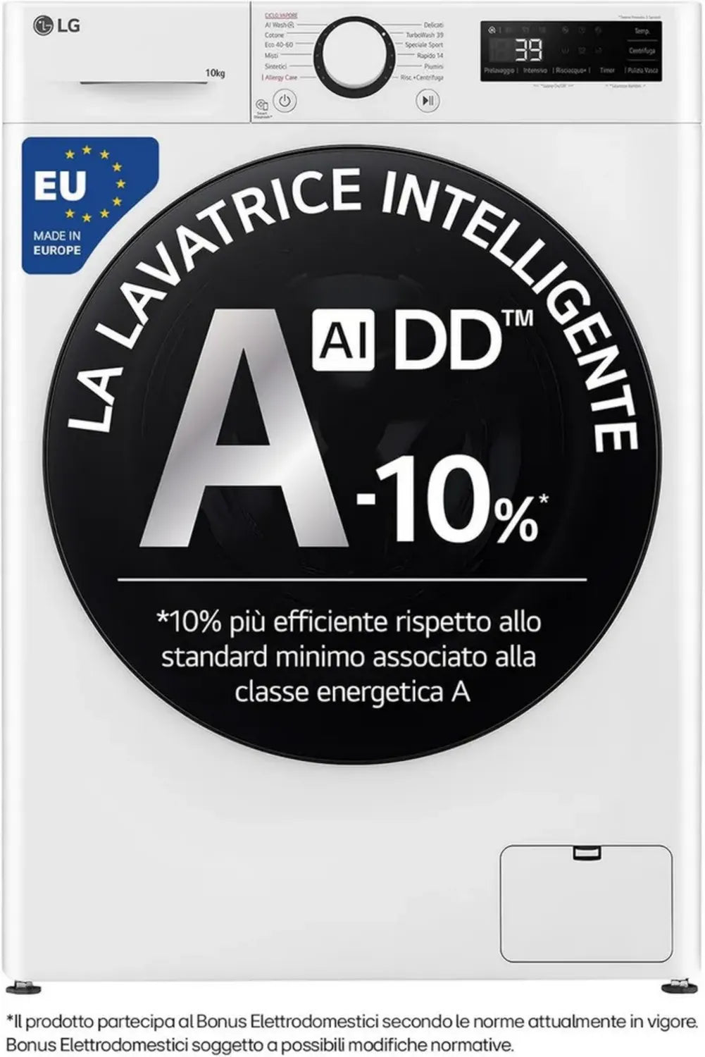 Lavatrice LG AI DD 10 kg R5, Frontale, Classe A, 1400 rpm, TurboWash 360, Vapore, Direct Drive, Diagnosi Smart, Bianca