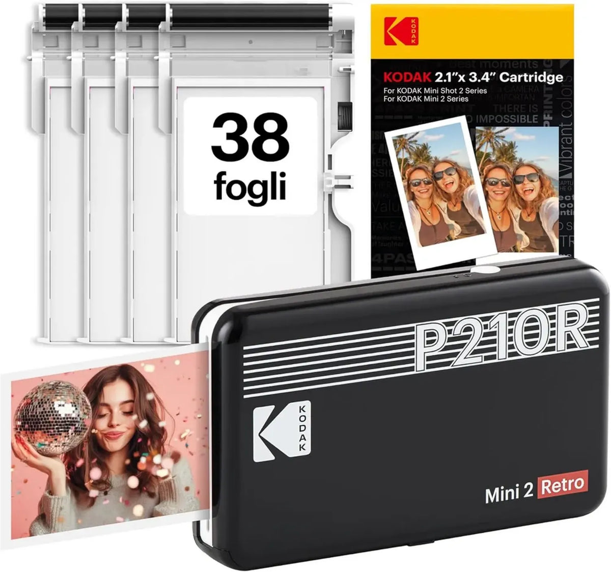 Stampante Fotografica Portatile Kodak Mini 2 Retro, Bluetooth, 38 Stampe, Compatibile con iPhone e Android, Nero
