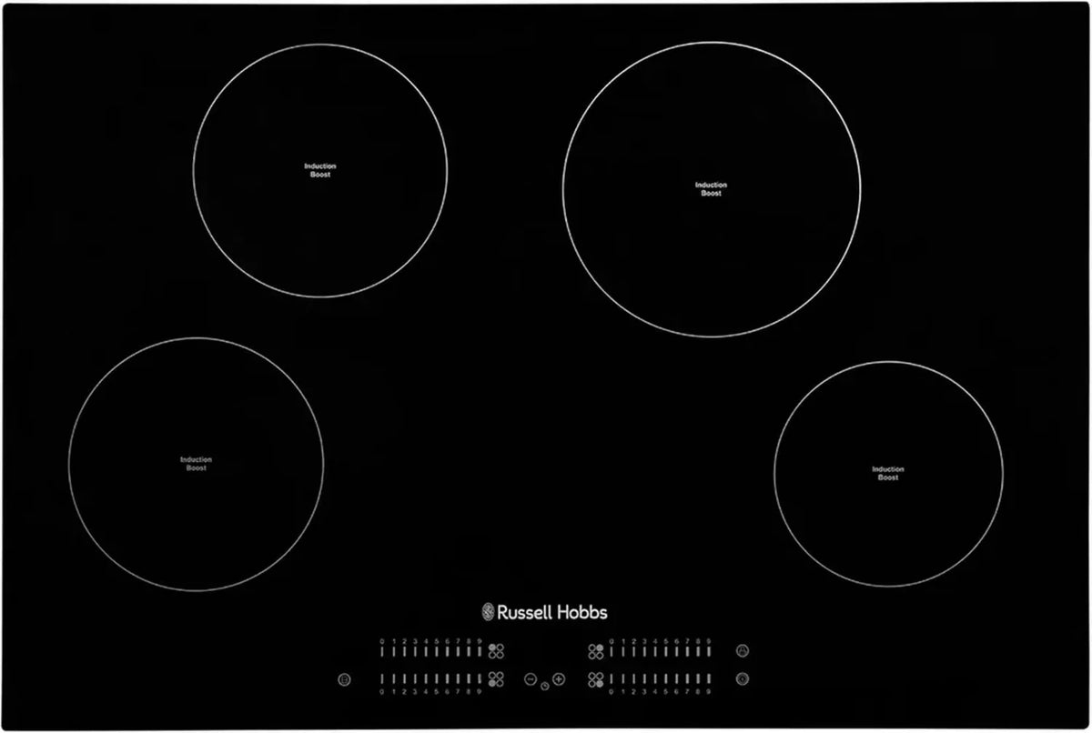 Piano cottura a induzione Russell Hobbs 77 cm, 4 zone, controllo touch, timer 99 minuti, funzione boost, 9 livelli di potenza, 7000 W, sicurezza