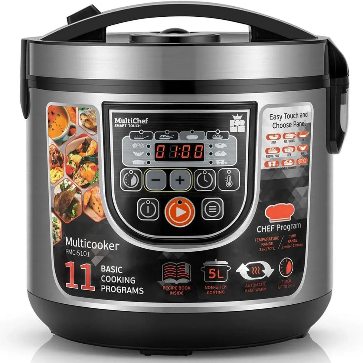 Pentola Multifunzione 5L 860W con 11 Programmi e Funzione Riscaldamento I Timer Integrato e Schermo LED