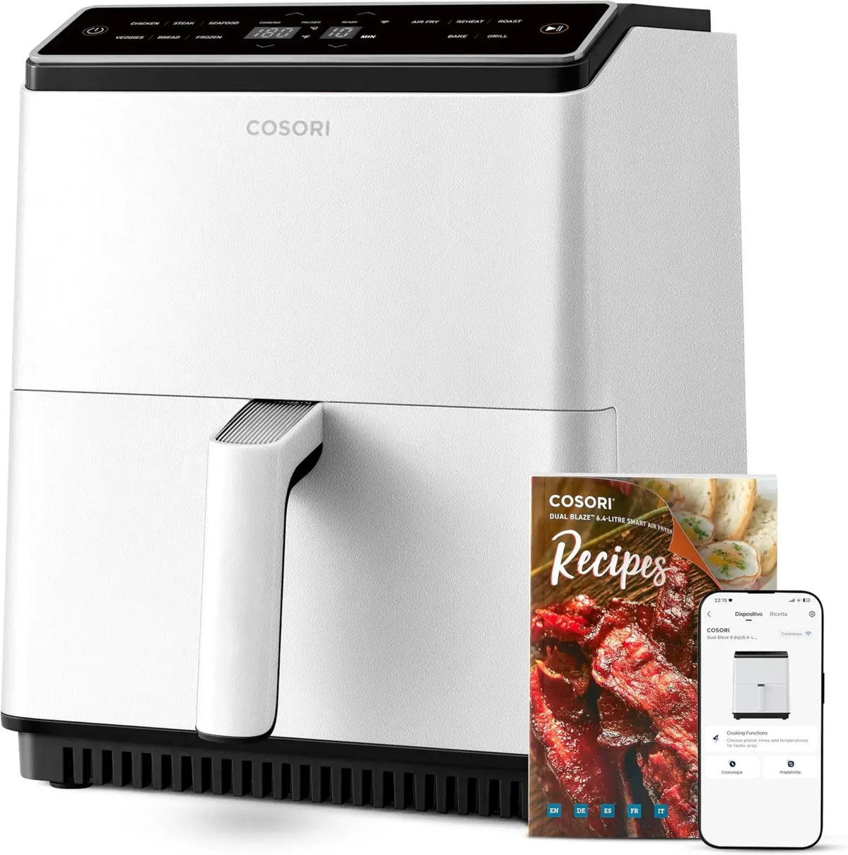COSORI Air Fryer 6,4L con Wifi e 11 Programmi, Forno Elettrico Doppia Resistenza, 1700W, Include Ricettario e App, Modello P585S Bianco