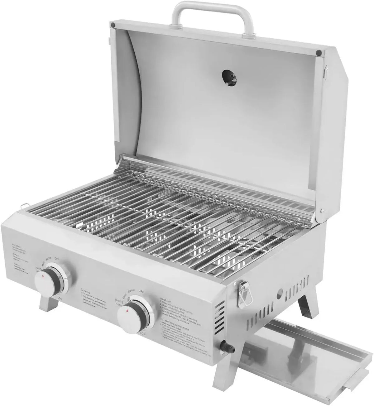 Griglia a gas portatile in acciaio inox, 2 bruciatori, con termometro e coperchio, ideale per campeggio e balcone