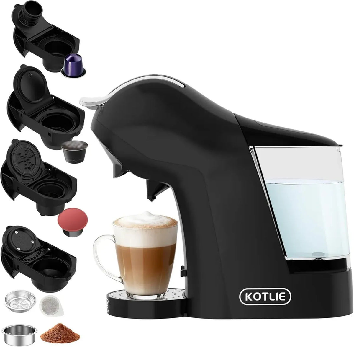 Macchina da Caff¨¨ KOTLIE Multifunzionale 5 in 1, 19 Bar, Compatibile con Capsule Nespresso, Dolce Gusto ed ESE (44 mm), Polvere di Caff¨¨, Serbatoio 1L, 3 Livelli di Temperatura e 7 Opzioni di Acqua