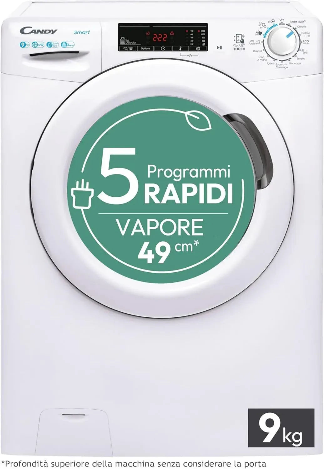 Lavatrice Candy Smart 9kg, Carica Frontale, Classe B, 1200 Giri/min, 16 Programmi Rapidi, Partenza Programmabile, Sensore Intelligente, Controllo NFC, 60x52x85 cm, Bianco