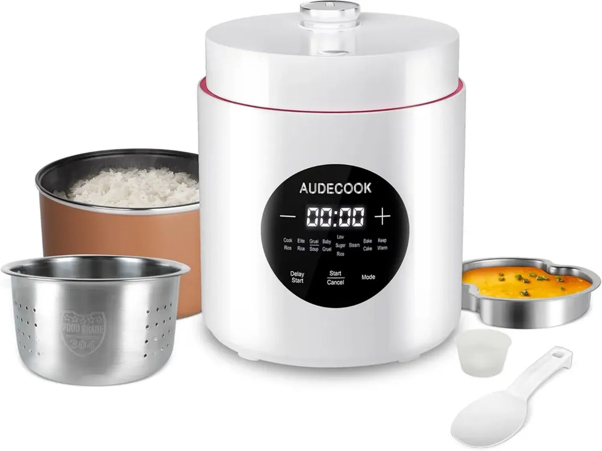 Mini Cuociriso Elettrico 1,5L con Funzione Basso Carboidrato e Cottura a Vapore, Multifunzione con 7 Programmi, Display Digitale e Funzione Caldo (Bianco)
