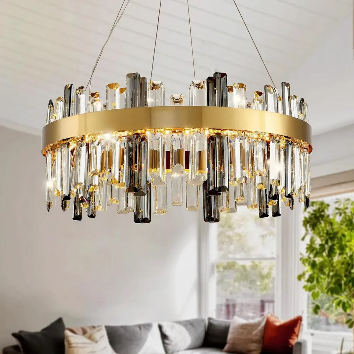 Lampadario a LED in cristallo dorato, moderno e dimmerabile, per salotto, sala da pranzo e camera da letto