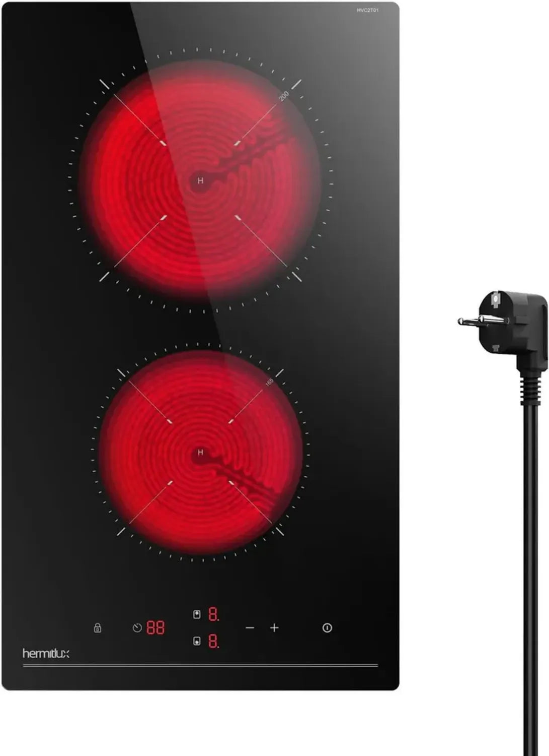 Piano Cottura Vetroceramica Hermitlux 28,8 cm, 2 Fuochi, 9 Livelli, Touch Control, Sicurezza Bambini, Compatibile con Tutte le Pentole, 3300W