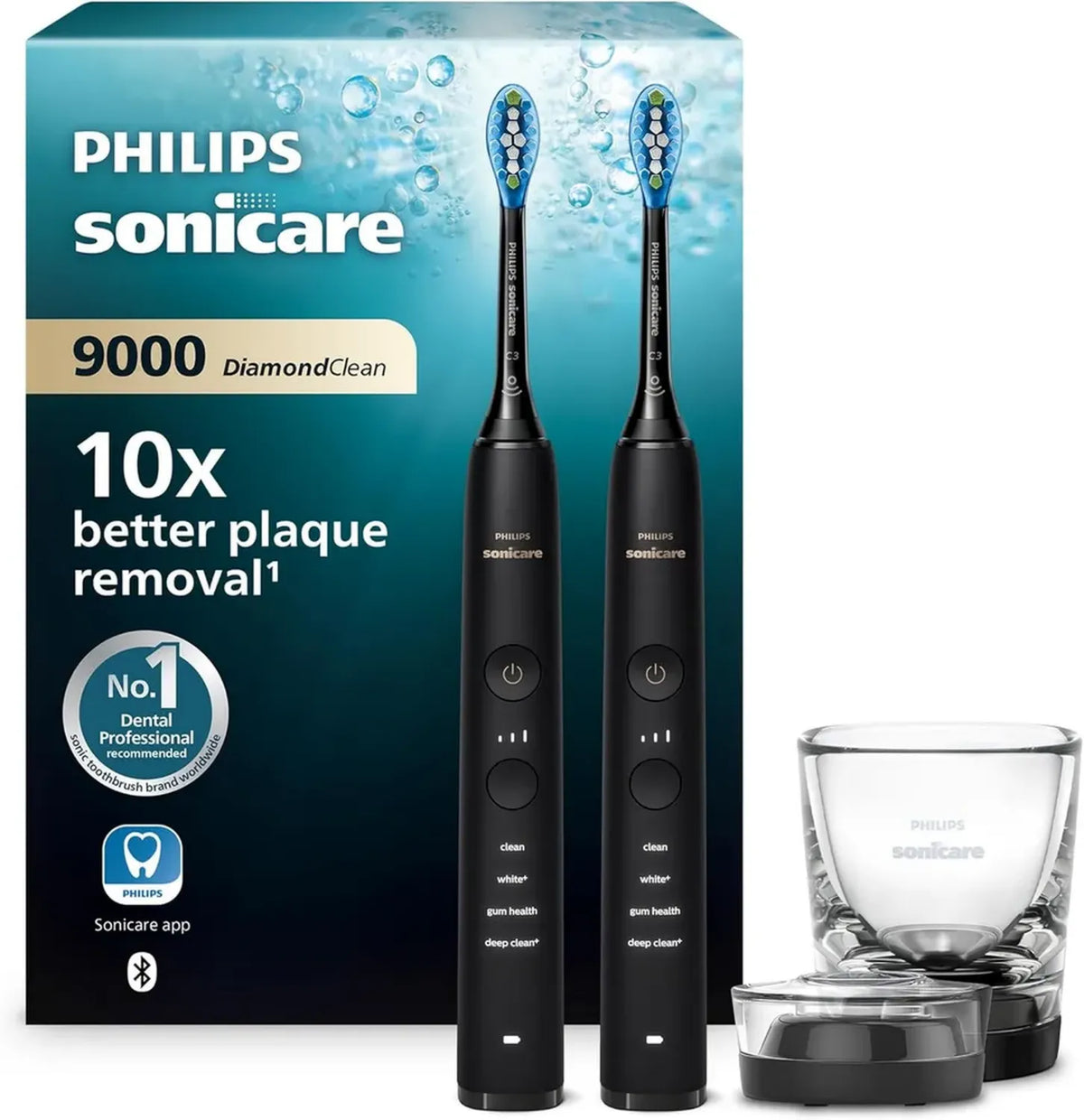 Spazzolino Elettrico Sonico Philips Sonicare DiamondClean 9000 Nero, Sensore di Pressione, 4 Modalit¨¤, Bicchiere di Ricarica, Confezione Doppia, Modello HX9914/54