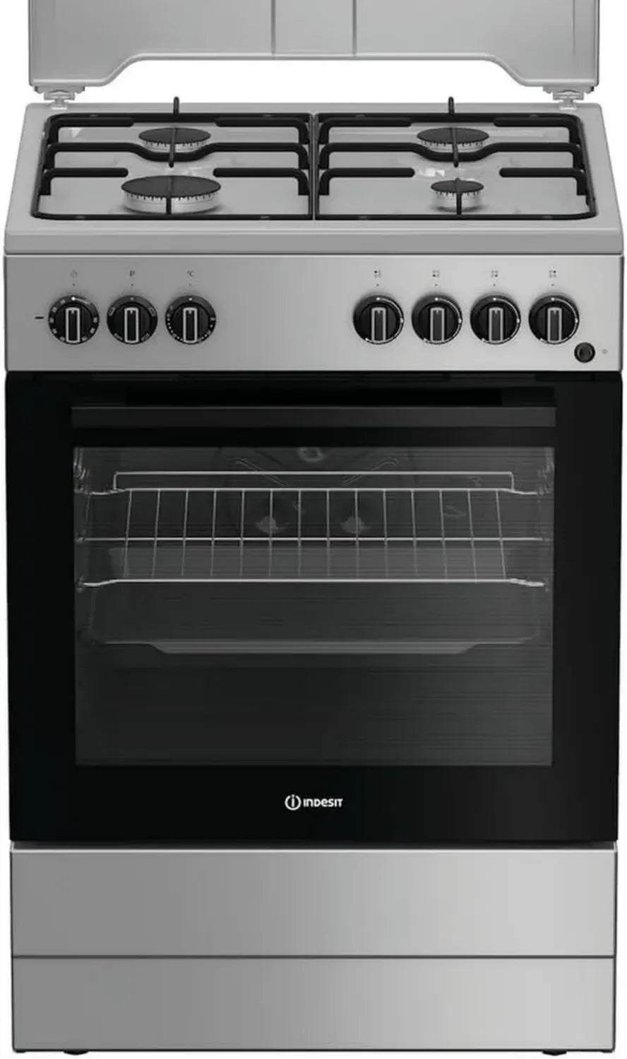 Indesit Cucina a Gas 60 cm, 4 Fuochi, Forno Elettrico con Grill 73L, Pulizia Facile, Acciaio Inox, Classe A