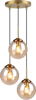 Lampadario Industriale Vintage in Ottone con Globi in Vetro, 3 Luci E27 per Cucina e Sala