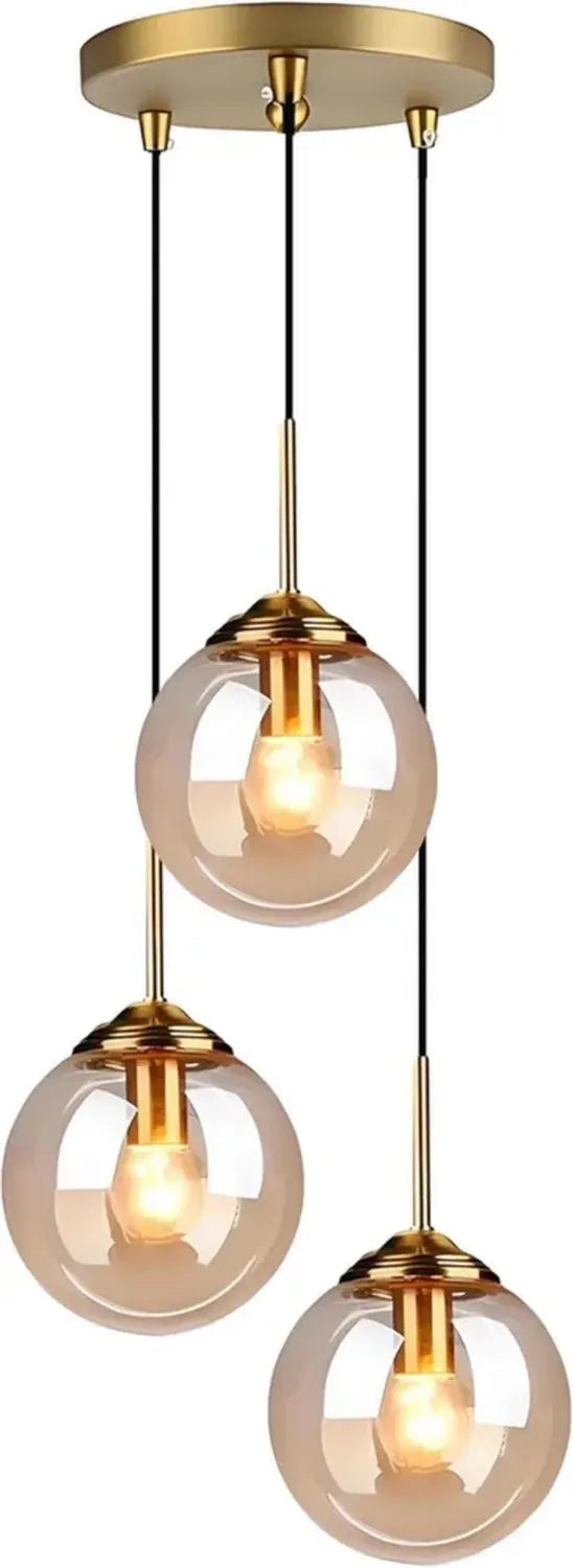 Lampadario Industriale Vintage in Ottone con Globi in Vetro, 3 Luci E27 per Cucina e Sala