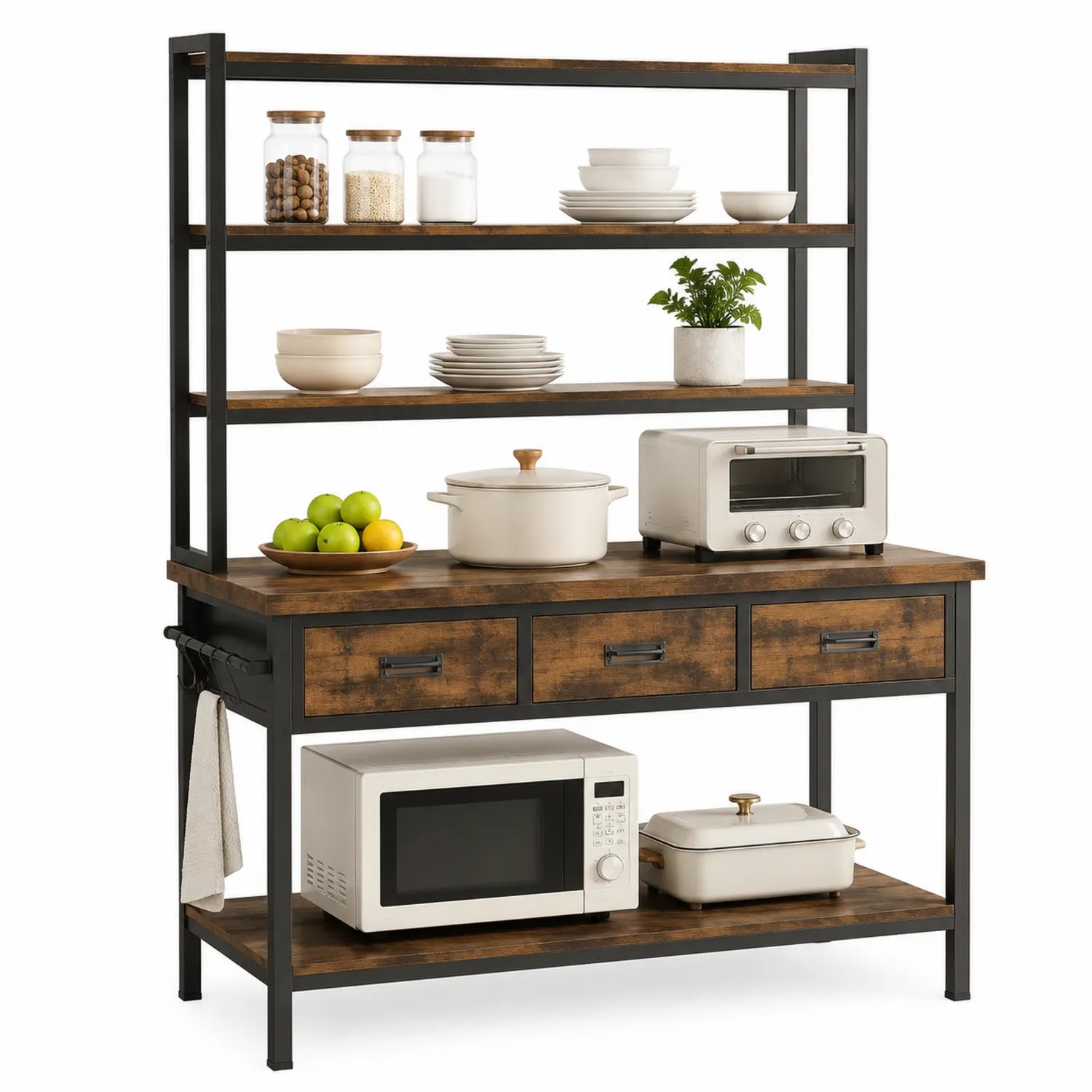 Credenza da Cucina in Legno con Ripiani e Struttura in Metallo, 100x40x160 cm