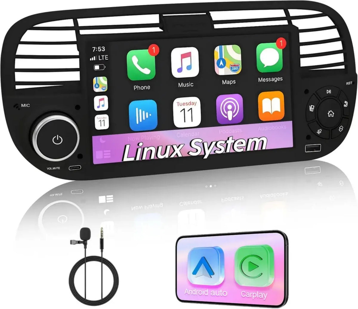 Autoradio 7'' Linux per Fiat 500 2007-2015, CarPlay e Android Auto wireless, AM/FM/RDS, DSP/USB/Bluetooth